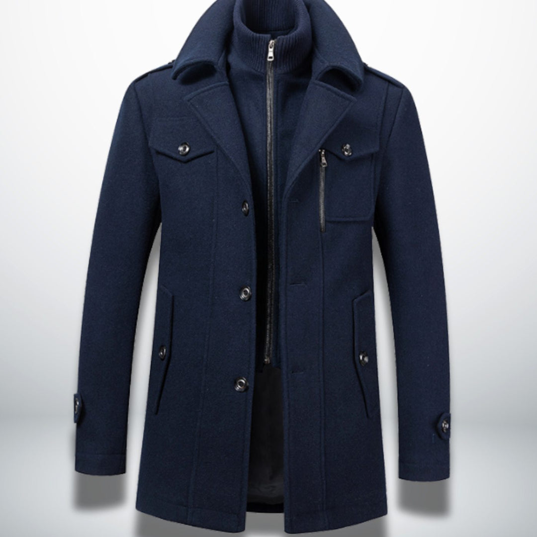 Men's Smart-Casual Button-Front Wool-Look Overcoat, Navy Blue - Navy Blue