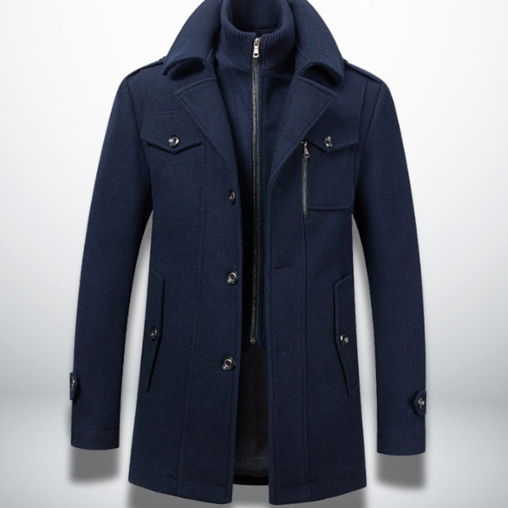 Men's Smart-Casual Button-Front Wool-Look Overcoat, Navy Blue - Navy Blue