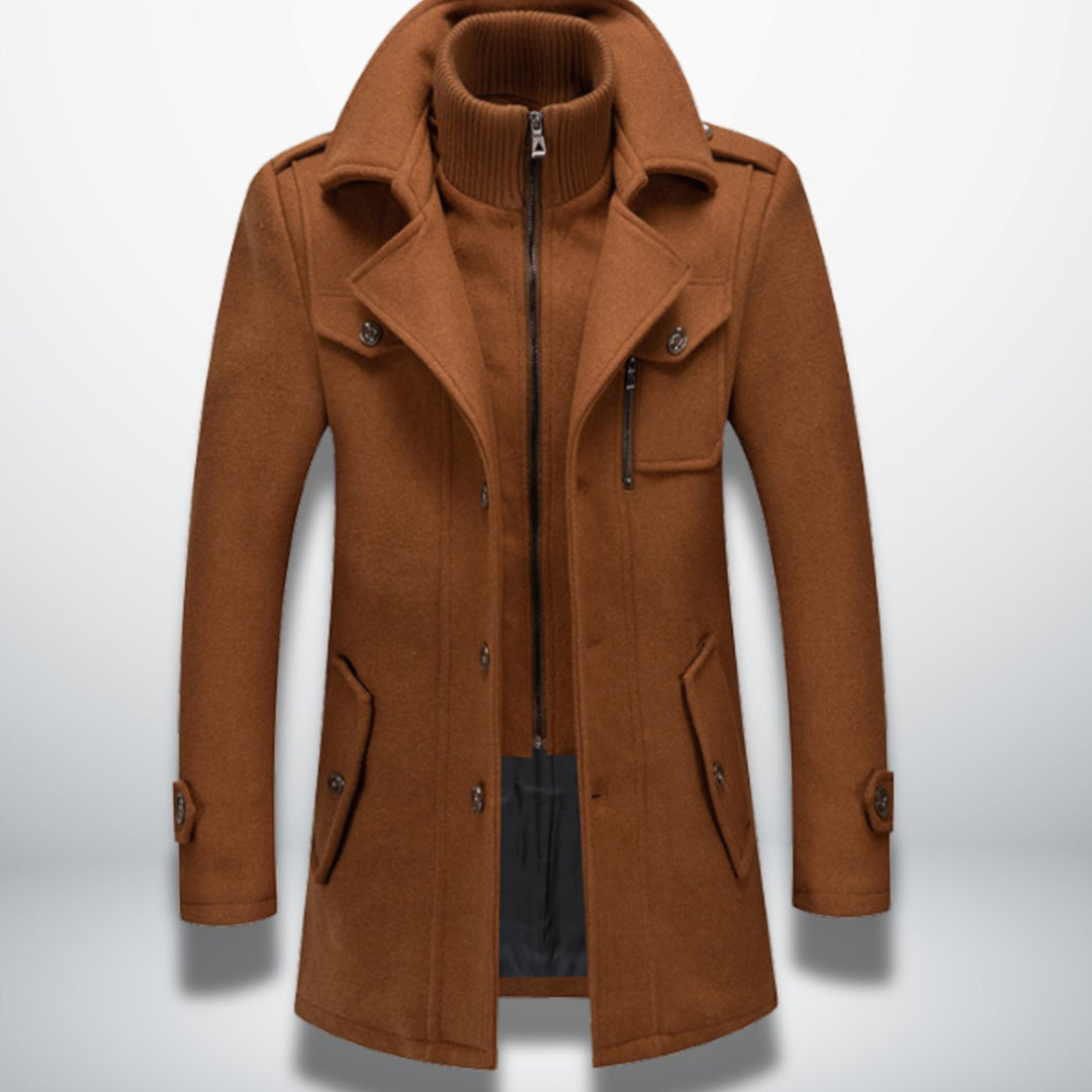 Men's Smart-Casual Button-Front Wool-Look Overcoat, Navy Blue - Camel