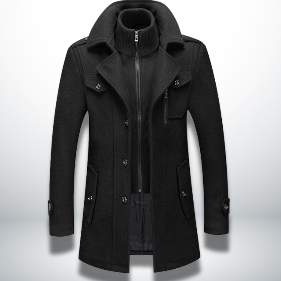 Men's Smart-Casual Button-Front Wool-Look Overcoat, Navy Blue - Black