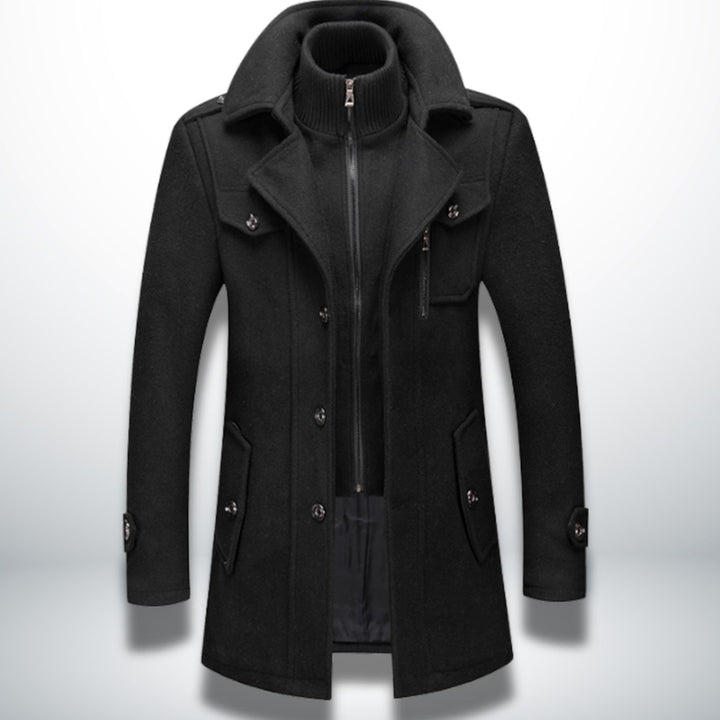 Men's Smart-Casual Button-Front Wool-Look Overcoat, Navy Blue - Black