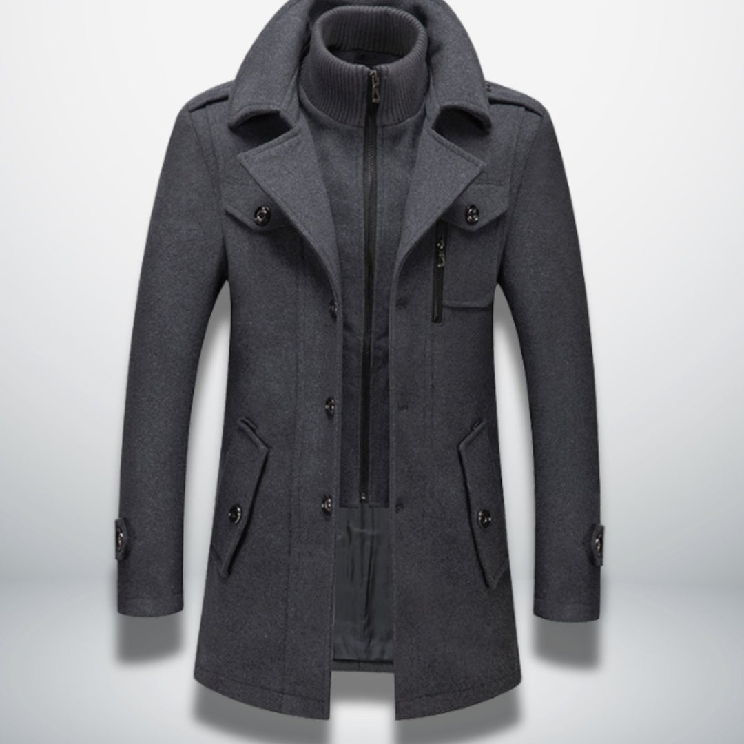 Men's Smart-Casual Button-Front Wool-Look Overcoat, Navy Blue - Grey
