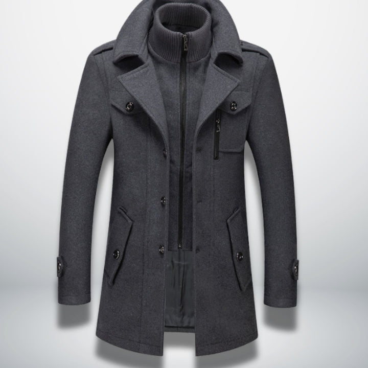 Men's Smart-Casual Button-Front Wool-Look Overcoat, Navy Blue - Grey
