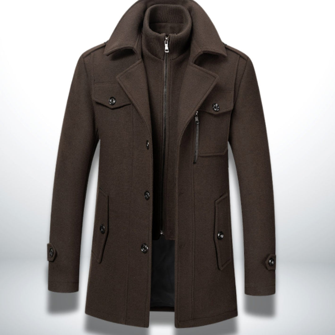 Men's Smart-Casual Button-Front Wool-Look Overcoat, Navy Blue - Brown