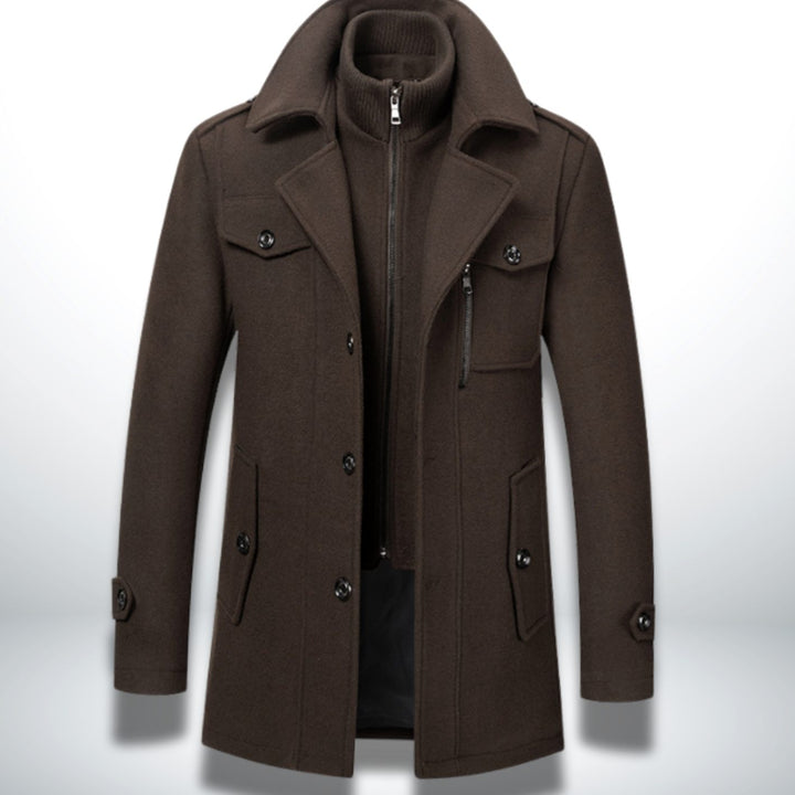 Men's Smart-Casual Button-Front Wool-Look Overcoat, Navy Blue - Brown