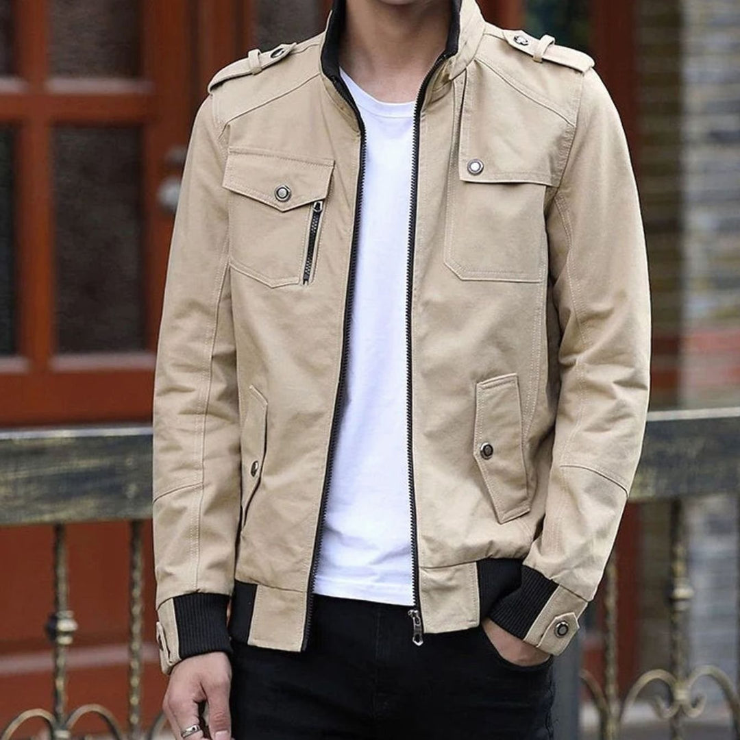 Men's Stand-Collar Utility Zip-Up Bomber Jacket - Khaki