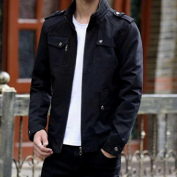 Men's Stand-Collar Utility Zip-Up Bomber Jacket - Black