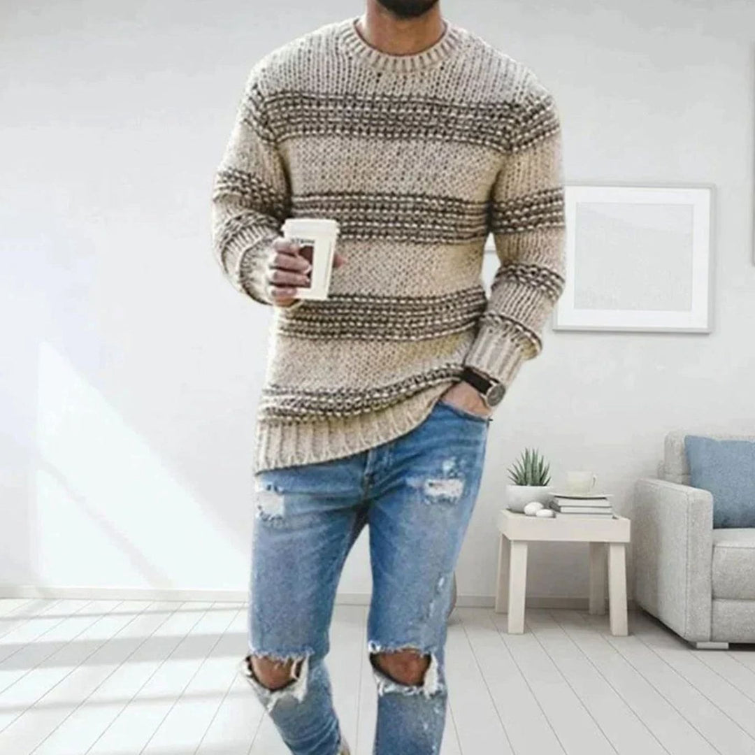 Men's Striped Crew-Neck Chunky Knitted Sweater - Khaki