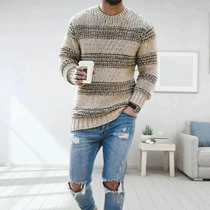 Men's Striped Crew-Neck Chunky Knitted Sweater - Khaki