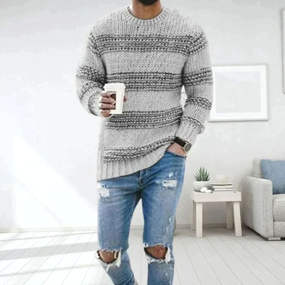 Men's Striped Crew-Neck Chunky Knitted Sweater - Grey