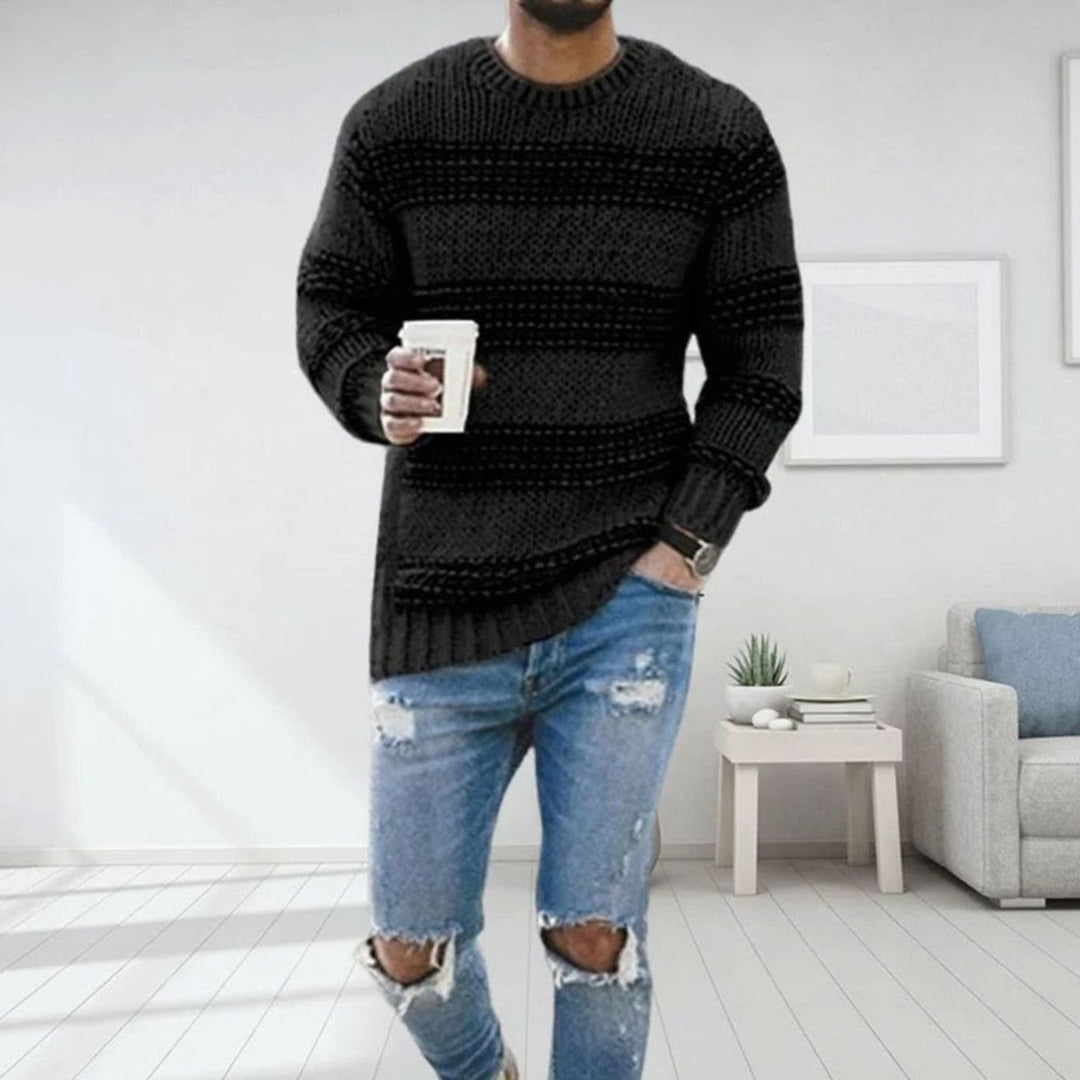 Men's Striped Crew-Neck Chunky Knitted Sweater - Black