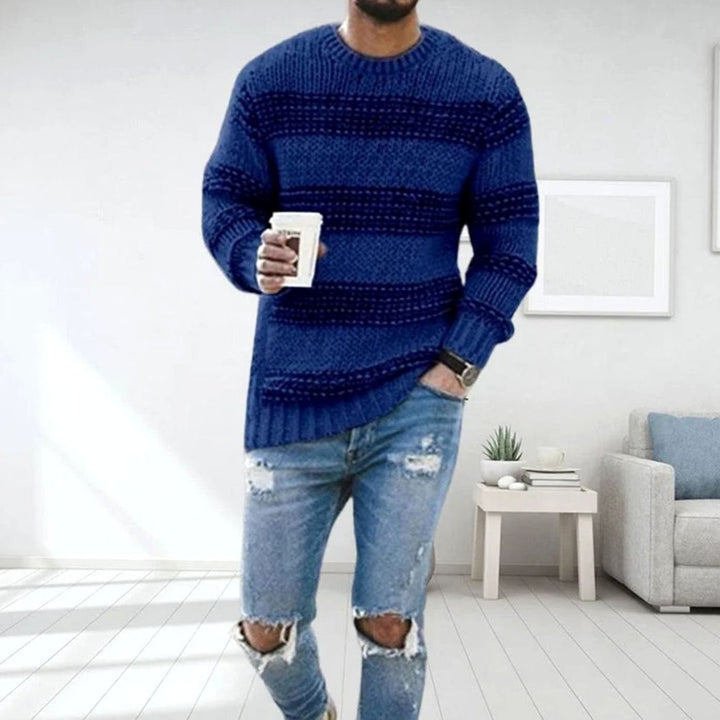 Men's Striped Crew-Neck Chunky Knitted Sweater - Blue