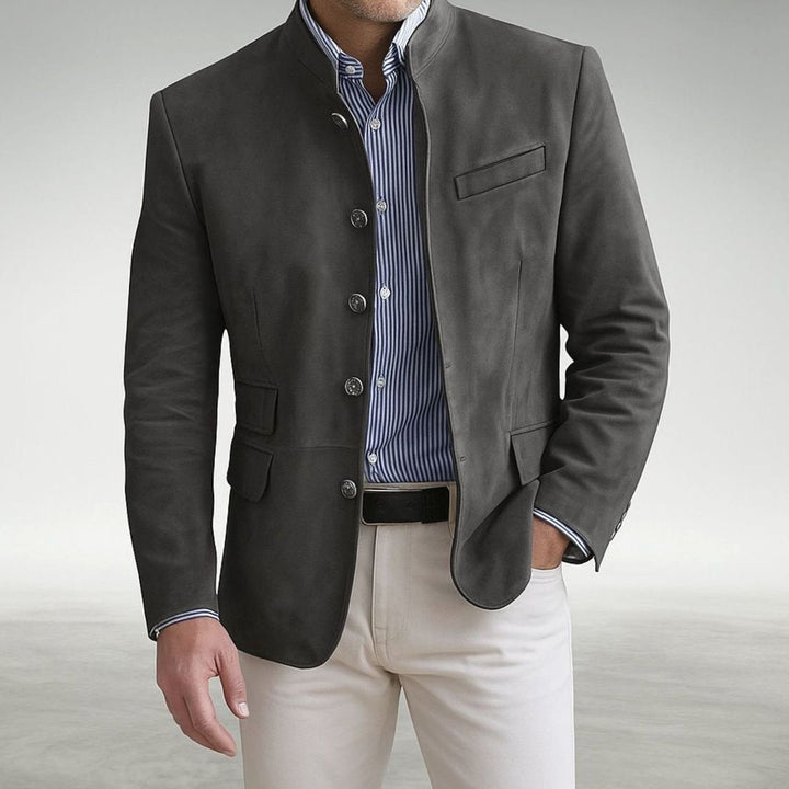 Men's Structured Mandarin-Collar Single-Breasted Smart Blazer - Grey
