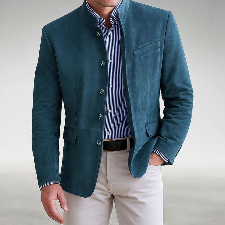 Men's Structured Mandarin-Collar Single-Breasted Smart Blazer - Blue