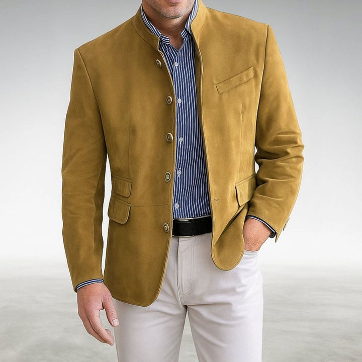 Men's Structured Mandarin-Collar Single-Breasted Smart Blazer - Yellow