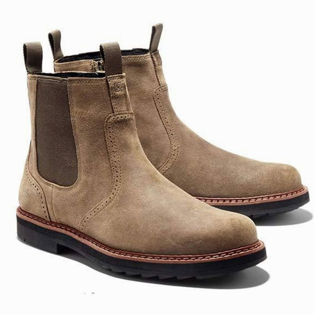 Men's Suede Slip-On Chelsea Boots Brogue Detail, Tan - Khaki