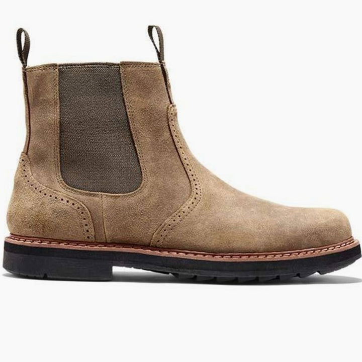 Men's Suede Slip-On Chelsea Boots Brogue Detail, Tan