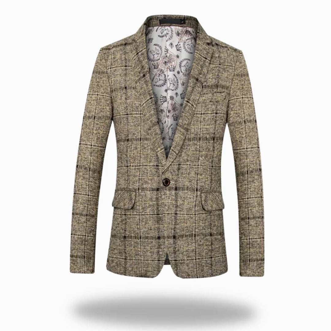 Men's Tailored-Fit Single-Button Windowpane Check Blazer - Khaki