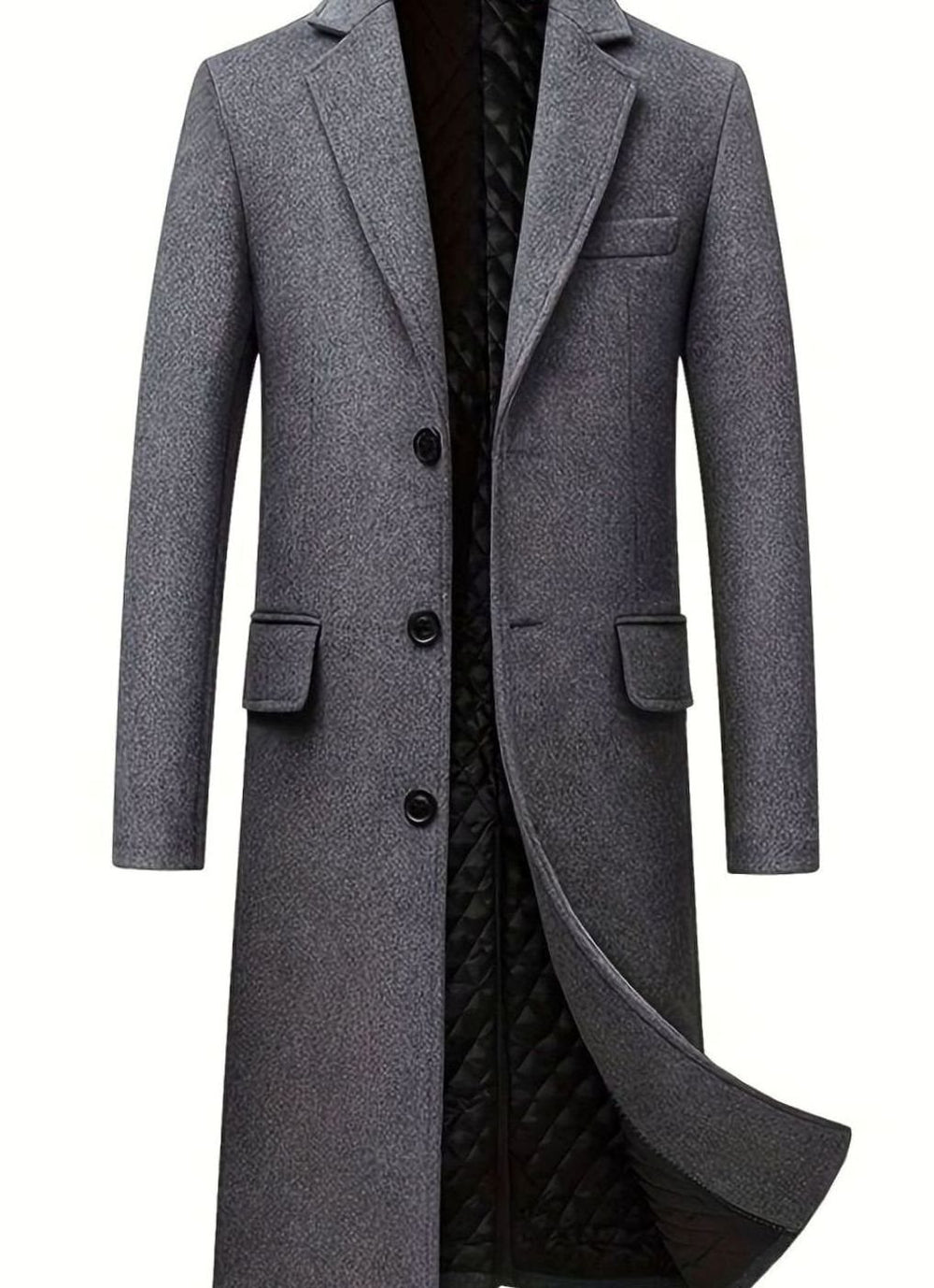 Men's Tailored Quilted-Lined Long Wool Overcoat - Grey