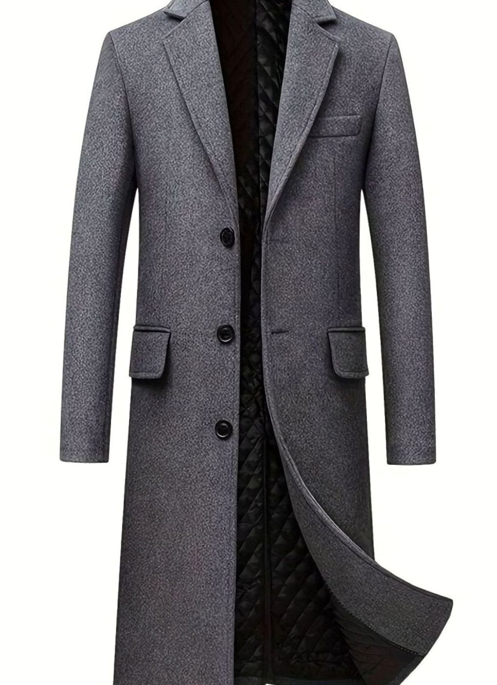 Men's Tailored Quilted-Lined Long Wool Overcoat - Grey