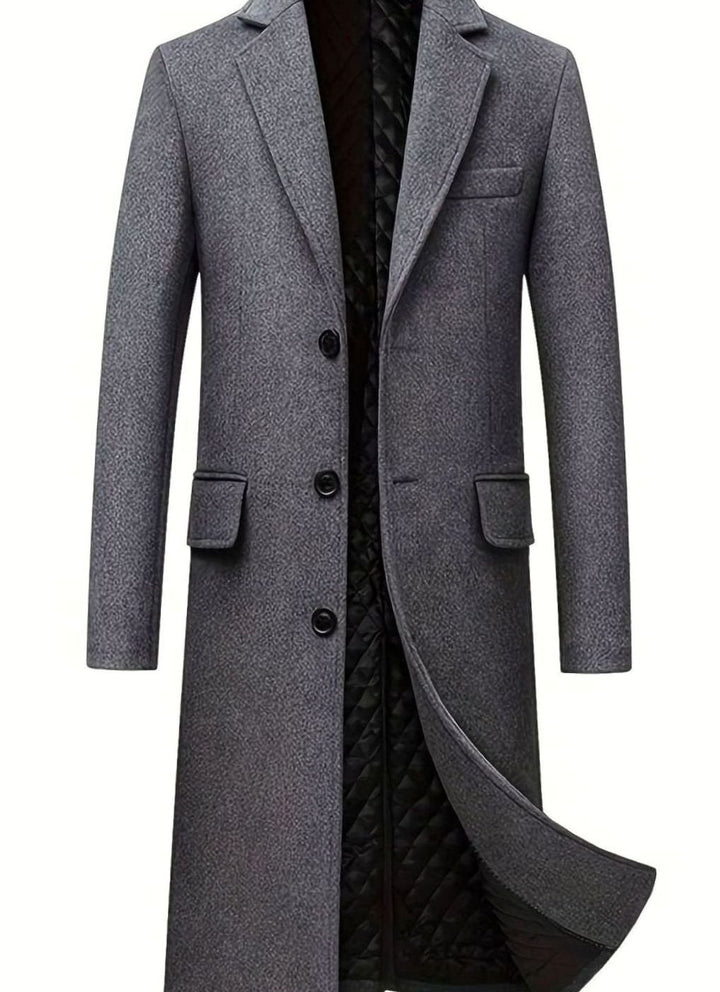 Men's Tailored Quilted-Lined Long Wool Overcoat - Grey