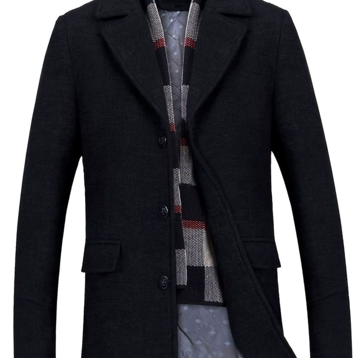 Men's Tailored Single-Breasted Wool Overcoat Detachable Scarf - Black