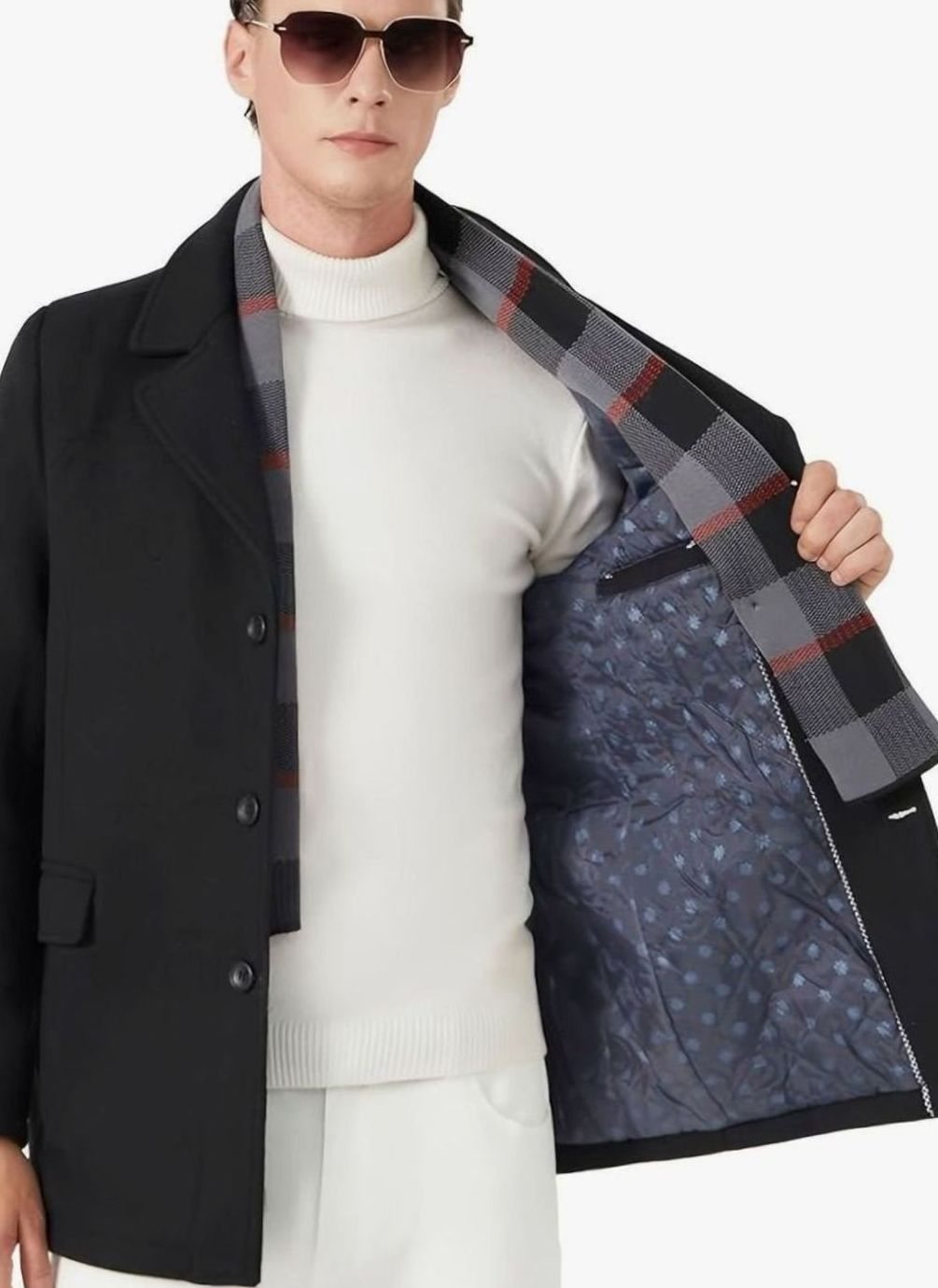 Men's Tailored Single-Breasted Wool Overcoat Detachable Scarf
