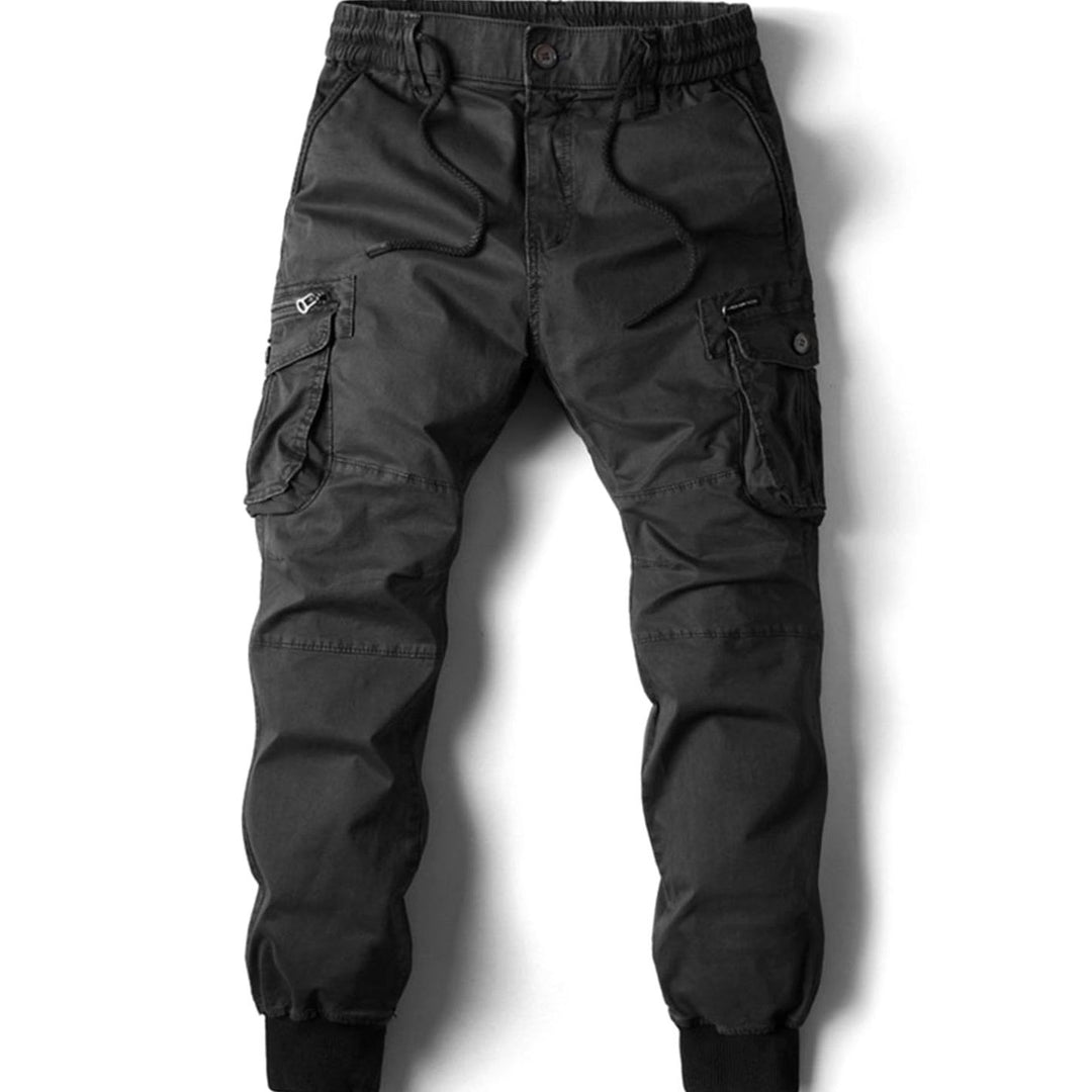 Men's Tapered-Fit Elasticated-Waist Cargo Jogger Trousers, Dark Grey - Black