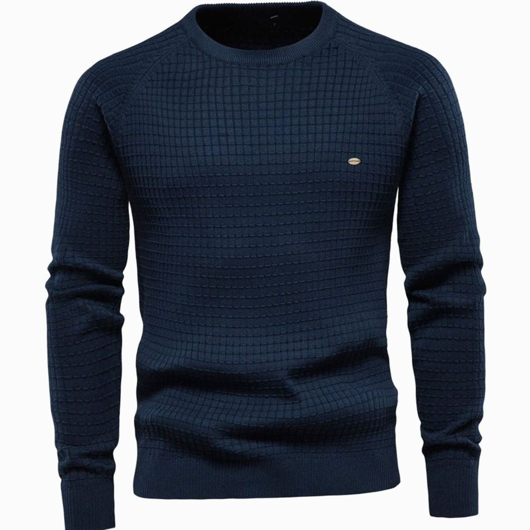 Men's Textured Waffle-Knit Crew Neck Winter Jumper, Navy Blue - Navy Blue