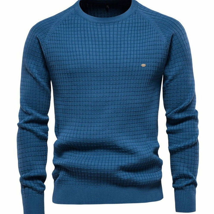 Men's Textured Waffle-Knit Crew Neck Winter Jumper, Navy Blue - Blue