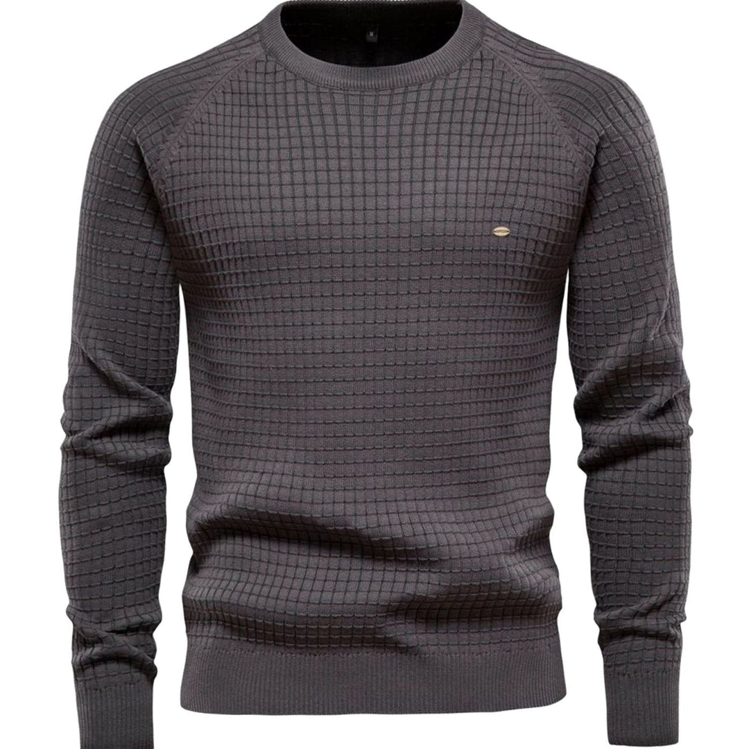 Men's Textured Waffle-Knit Crew Neck Winter Jumper, Navy Blue - Dark Grey