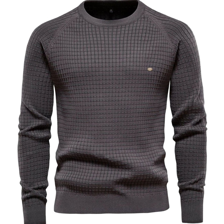 Men's Textured Waffle-Knit Crew Neck Winter Jumper, Navy Blue - Dark Grey