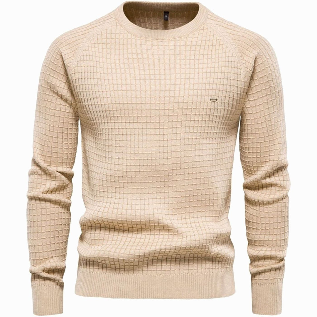 Men's Textured Waffle-Knit Crew Neck Winter Jumper, Navy Blue - Beige