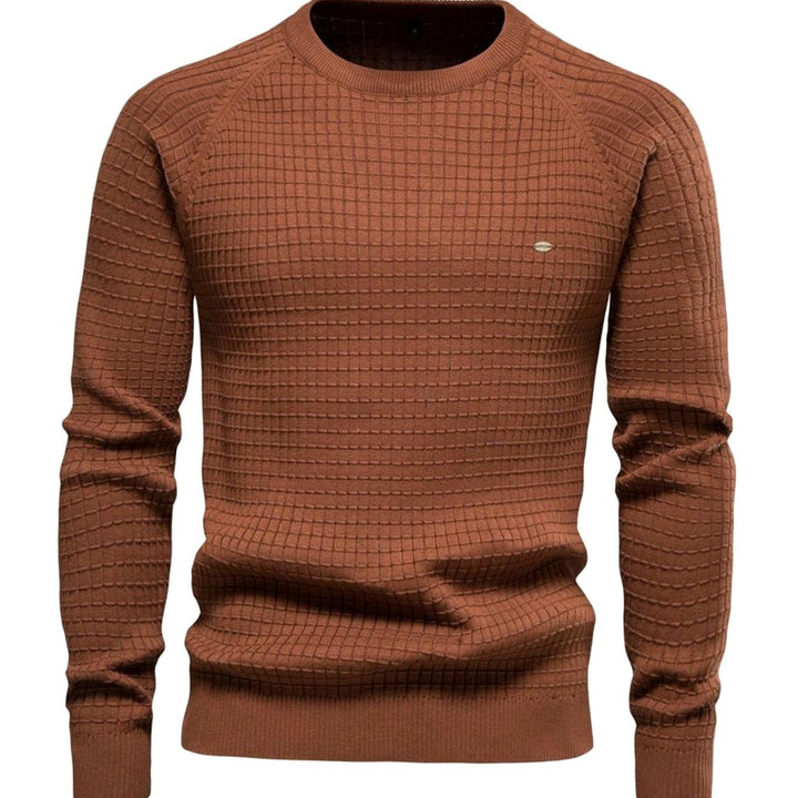 Men's Textured Waffle-Knit Crew Neck Winter Jumper, Navy Blue - Brown