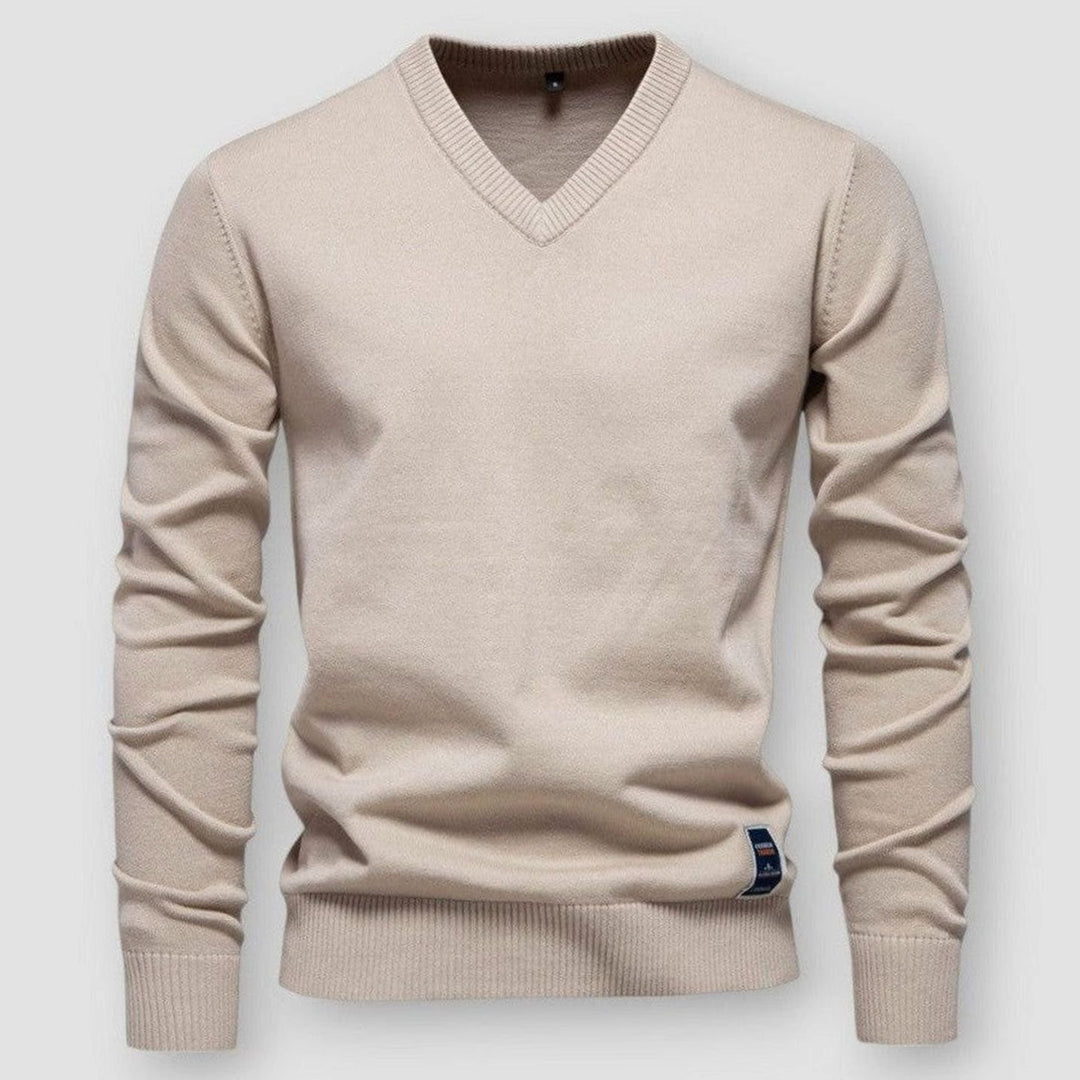 Men's V-Neck Long Sleeve Knitted Sweater - Khaki
