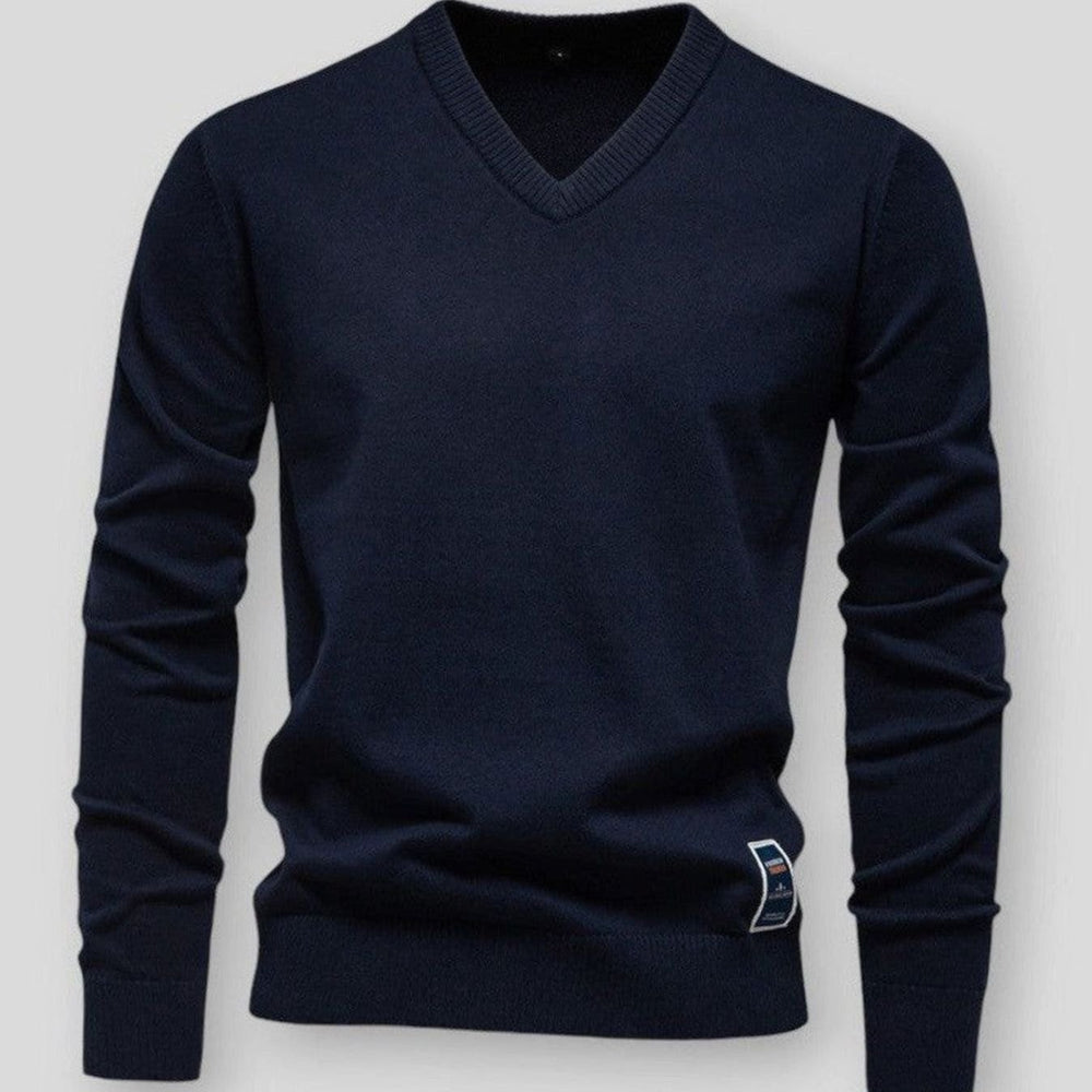 Men's V-Neck Long Sleeve Knitted Sweater - Navy