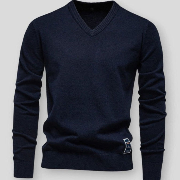 Men's V-Neck Long Sleeve Knitted Sweater - Navy