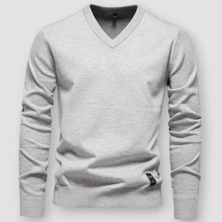 Men's V-Neck Long Sleeve Knitted Sweater - Grey