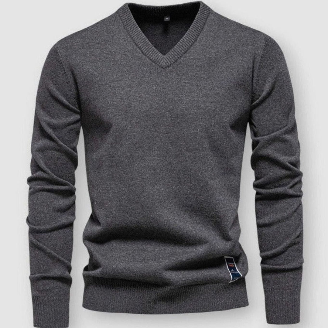 Men's V-Neck Long Sleeve Knitted Sweater - Dark Grey
