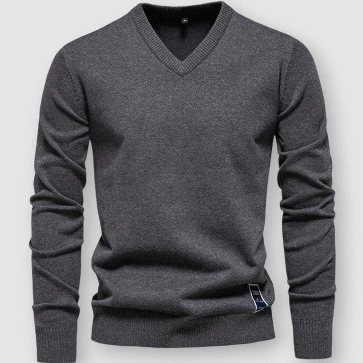 Men's V-Neck Long Sleeve Knitted Sweater - Dark Grey