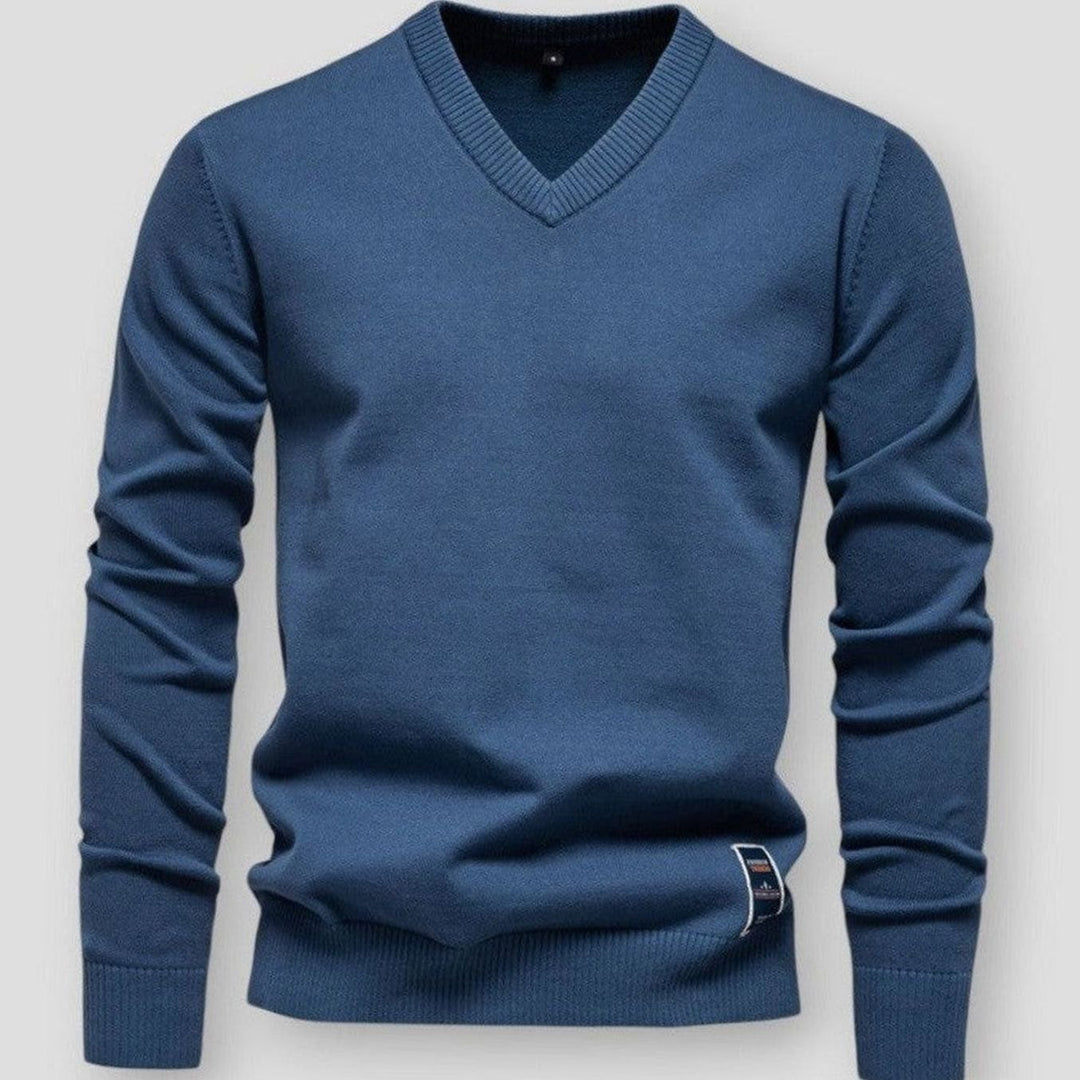 Men's V-Neck Long Sleeve Knitted Sweater - Blue