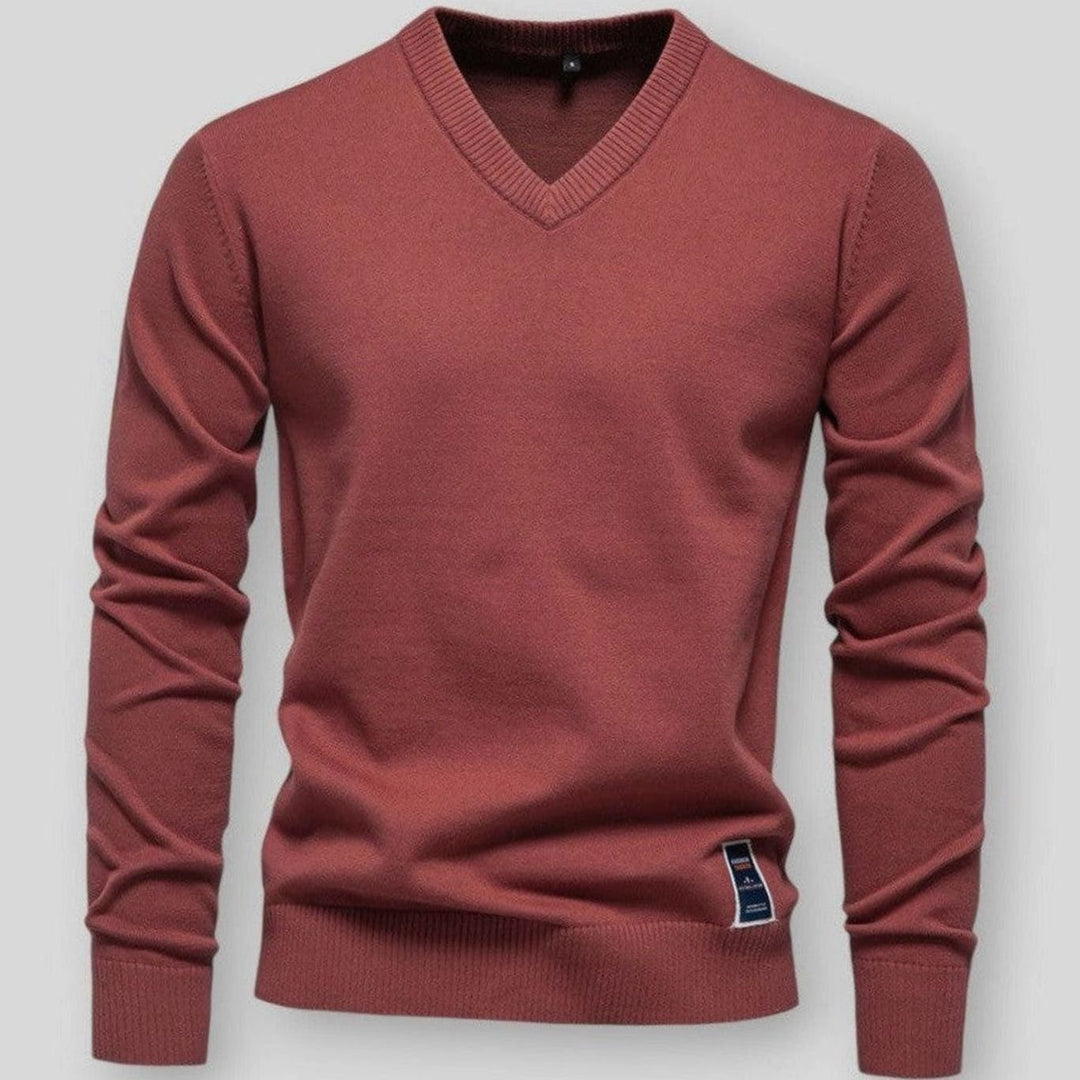 Men's V-Neck Long Sleeve Knitted Sweater - Red