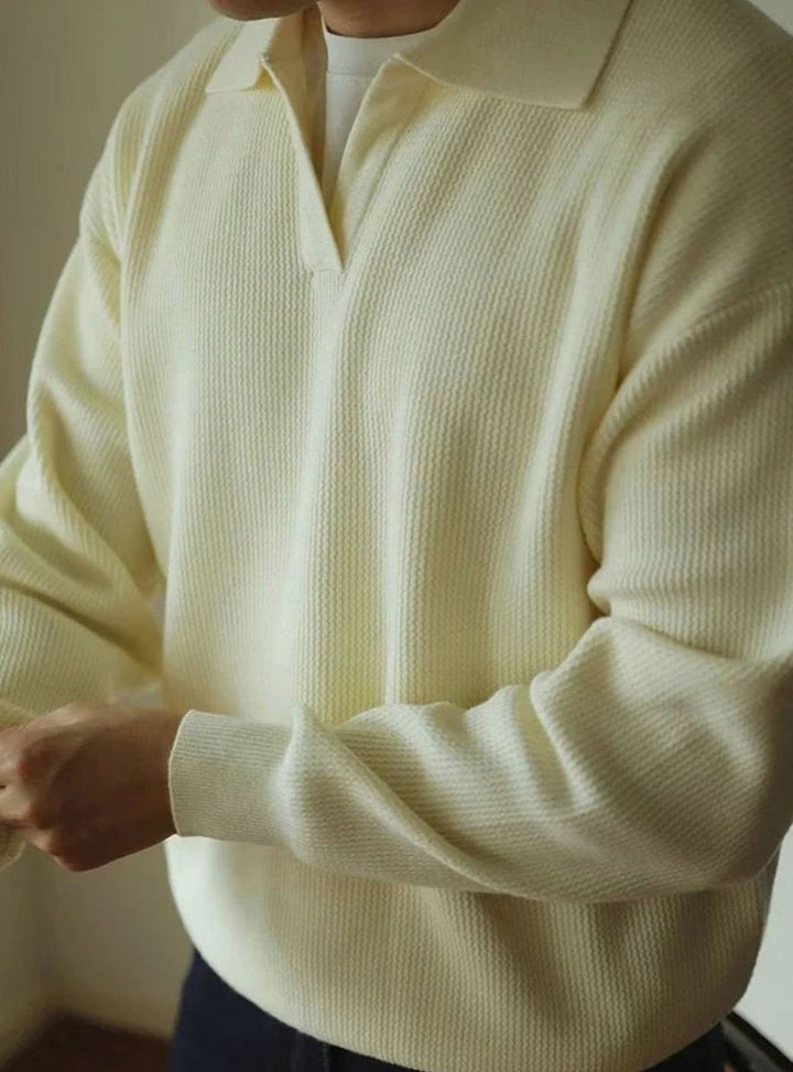 Men's Vintage-Inspired Open-Collar Knitted Sweater