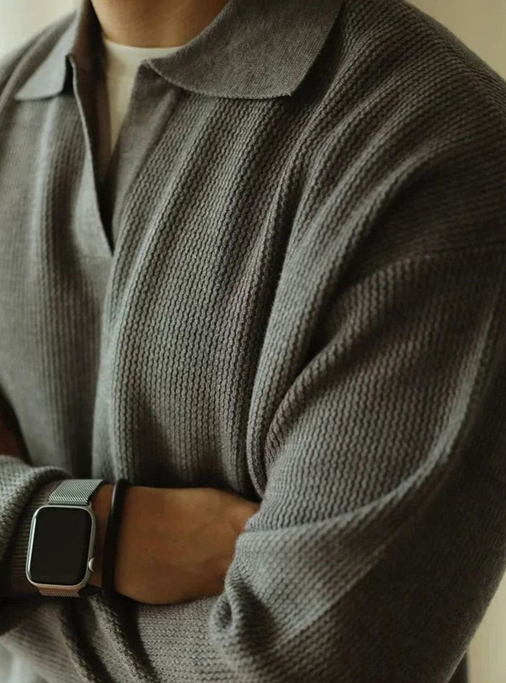 Men's Vintage-Inspired Open-Collar Knitted Sweater - Grey