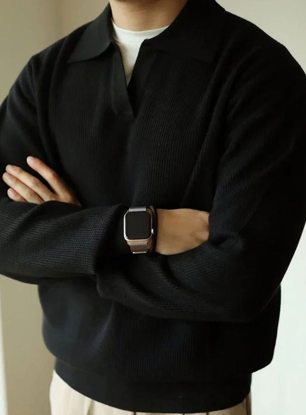 Men's Vintage-Inspired Open-Collar Knitted Sweater - Black