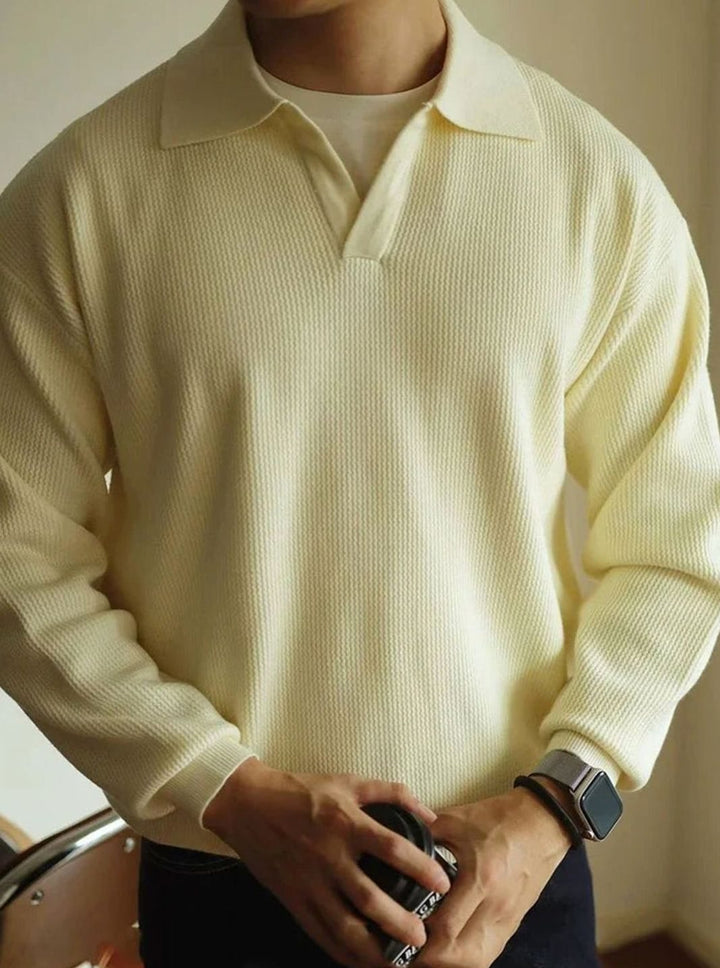 Men's Vintage-Inspired Open-Collar Knitted Sweater - Apricot