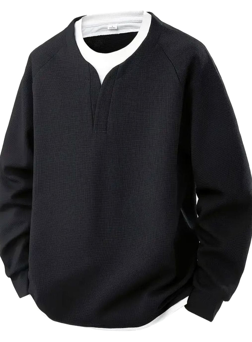 Men's Waffle-Knit Layered Long-Sleeve Jumper - Black