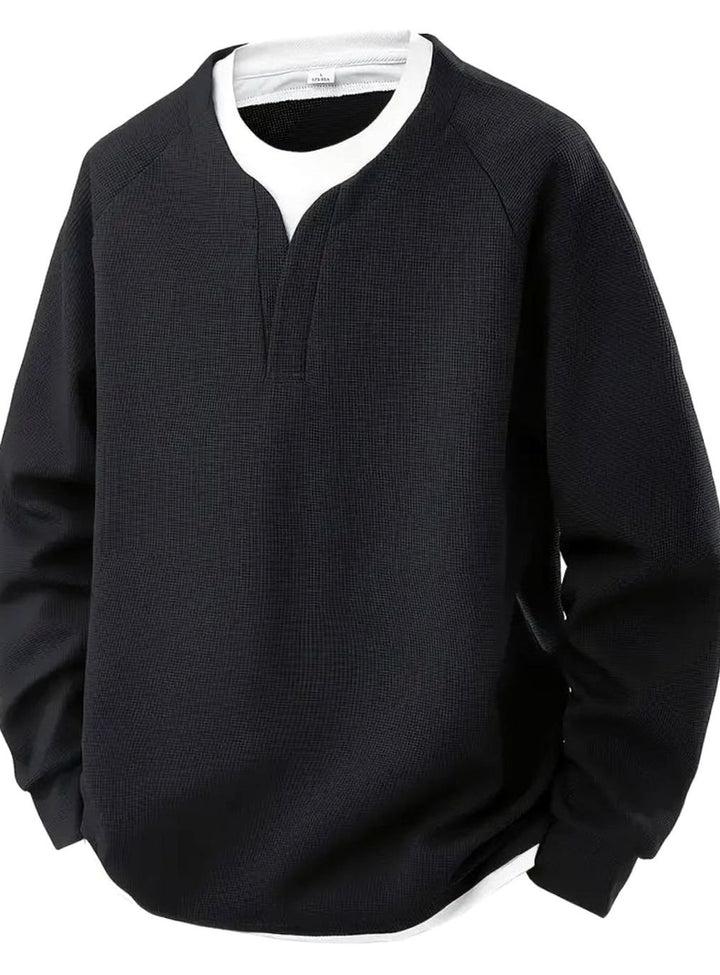Men's Waffle-Knit Layered Long-Sleeve Jumper - Black