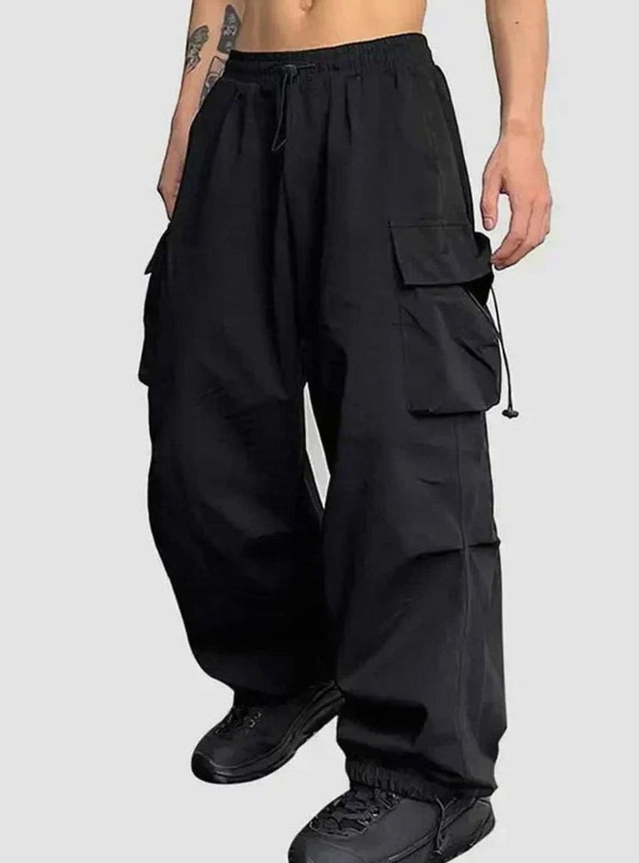Men's Wide-Leg Drawstring Cargo Trousers Elasticated Waist - Black