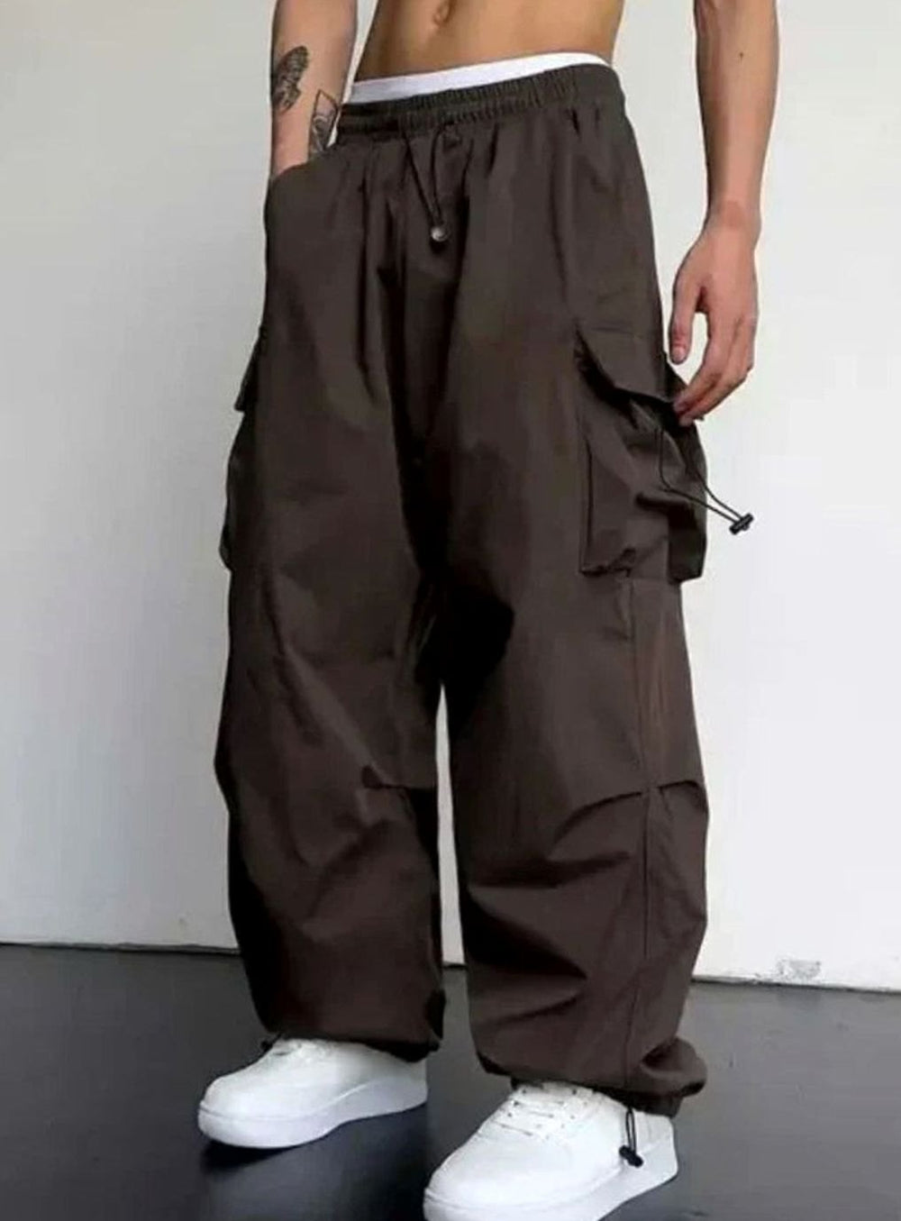 Men's Wide-Leg Drawstring Cargo Trousers Elasticated Waist - Dark Brown